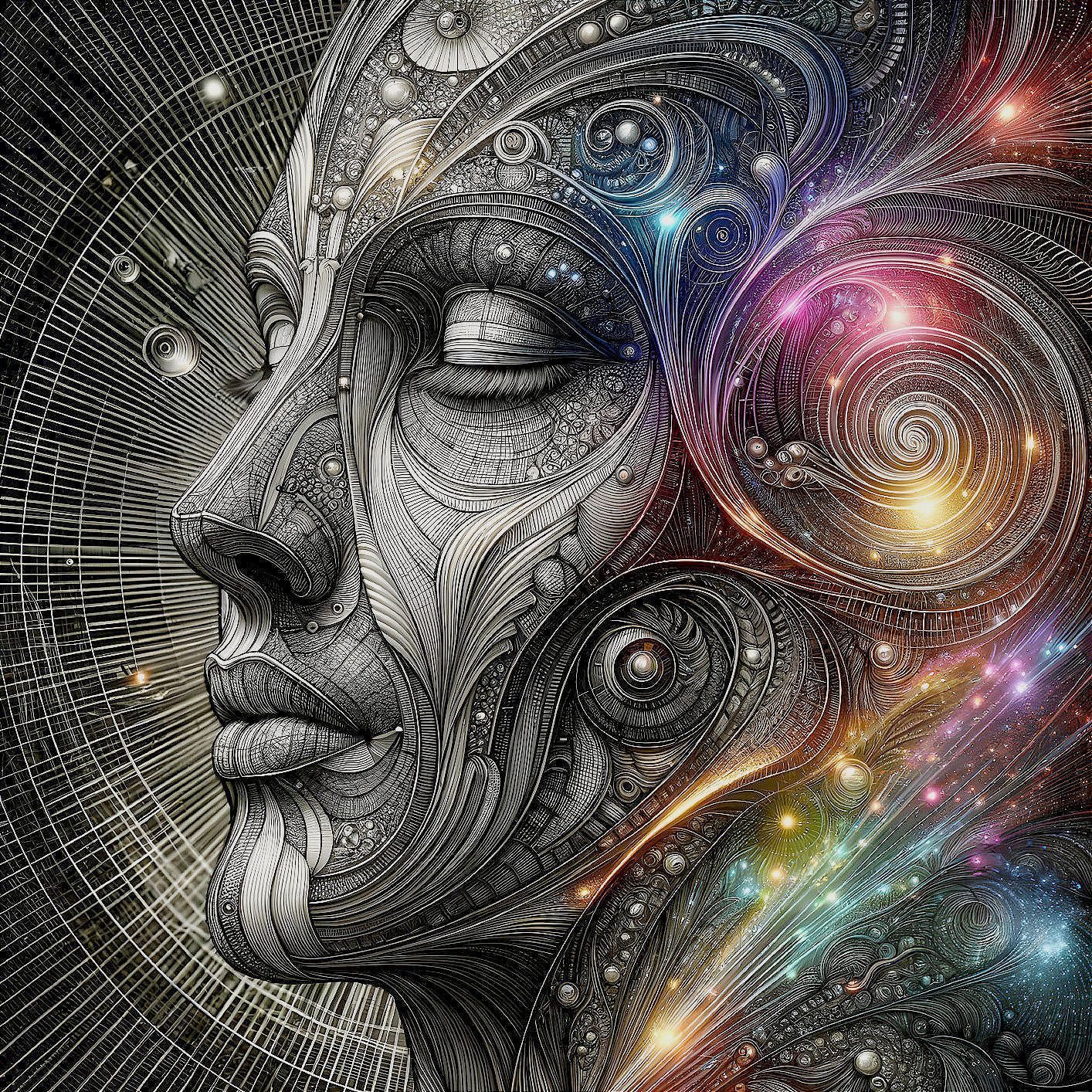 Detailed black and white woman's profile blending with cosmic patterns and celestial colors.