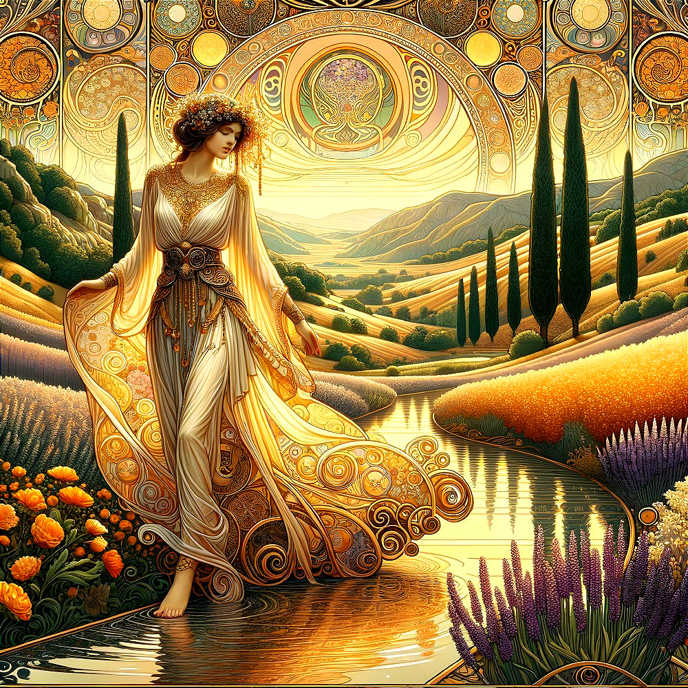 Serene Figure in Golden Garments in Vibrant Landscape