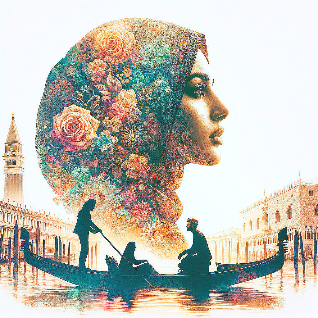 Artwork Featuring Woman's Profile and Venetian Gondola