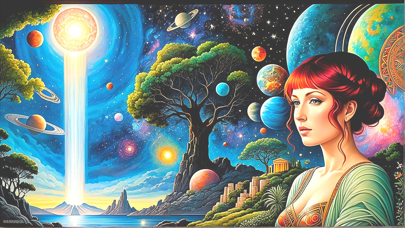 Cosmic Scene with Woman, Sun, and Planets in Space