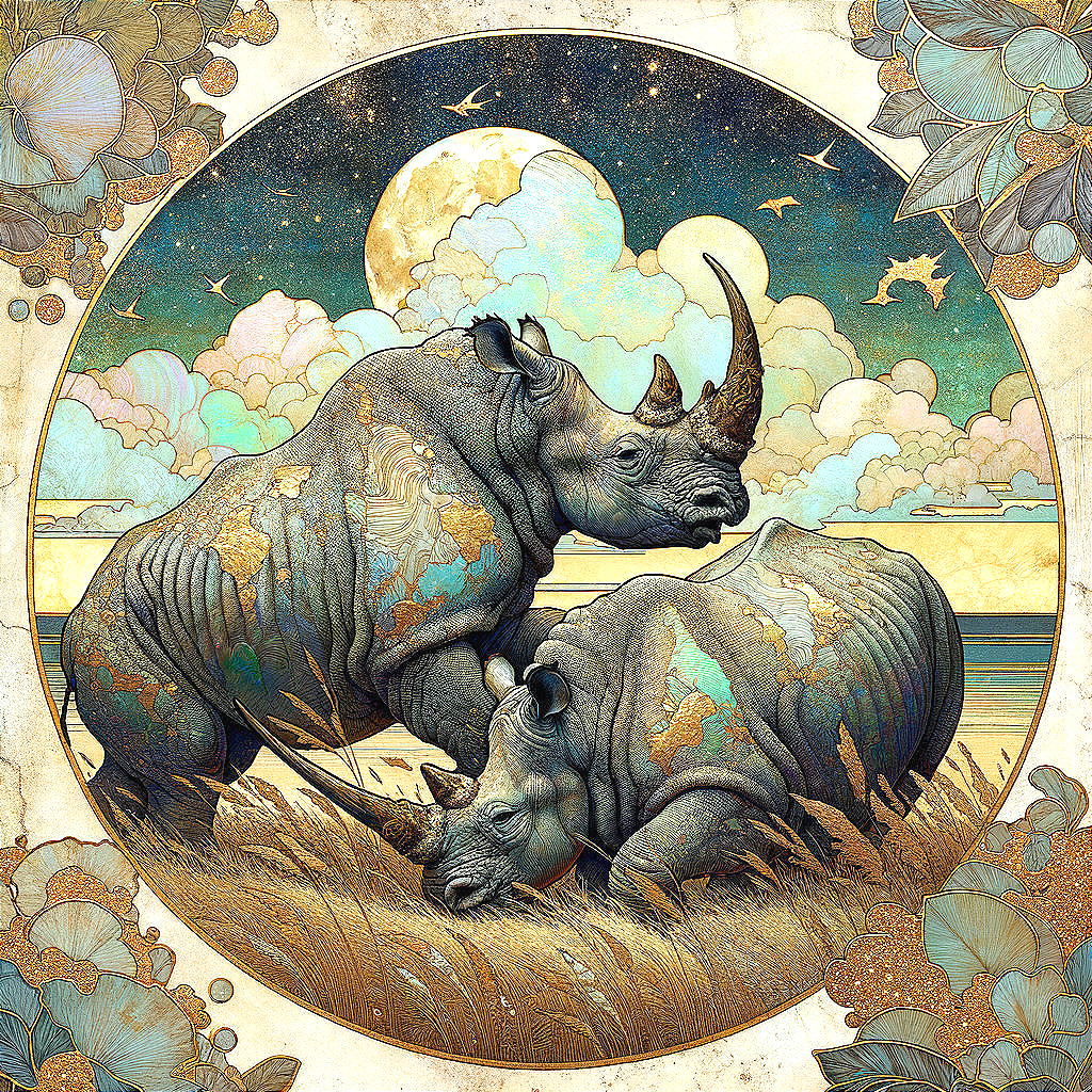 Majestic Rhinos Against Textured Cloudy Backdrop