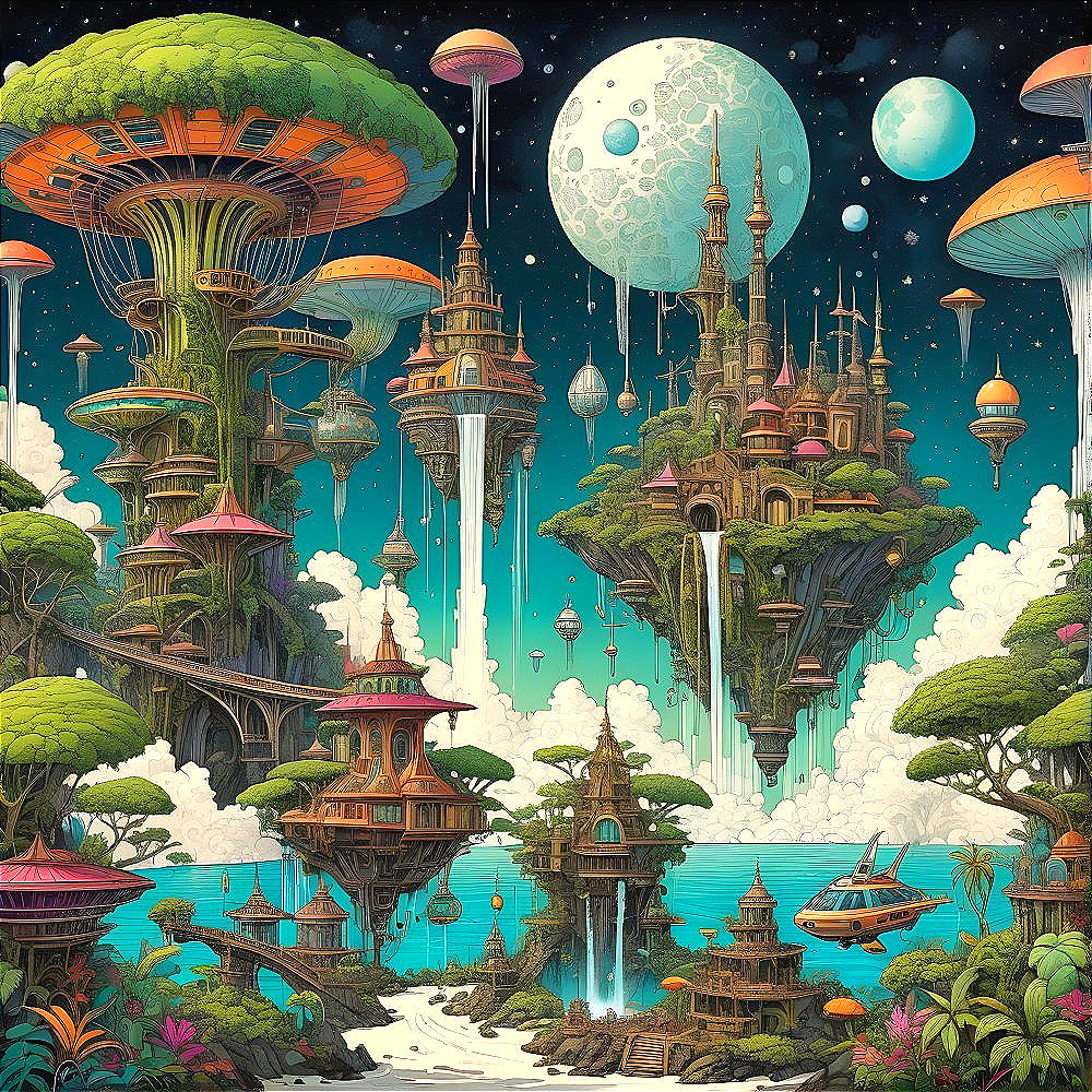 Fantastical landscape with trees, castles, and orbs