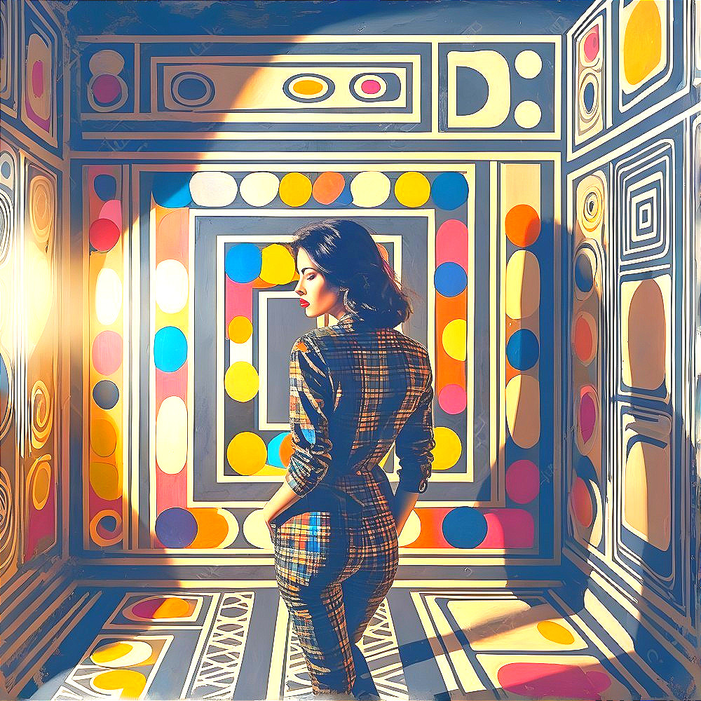Woman in a Colorful Geometric Room with Elegant Style