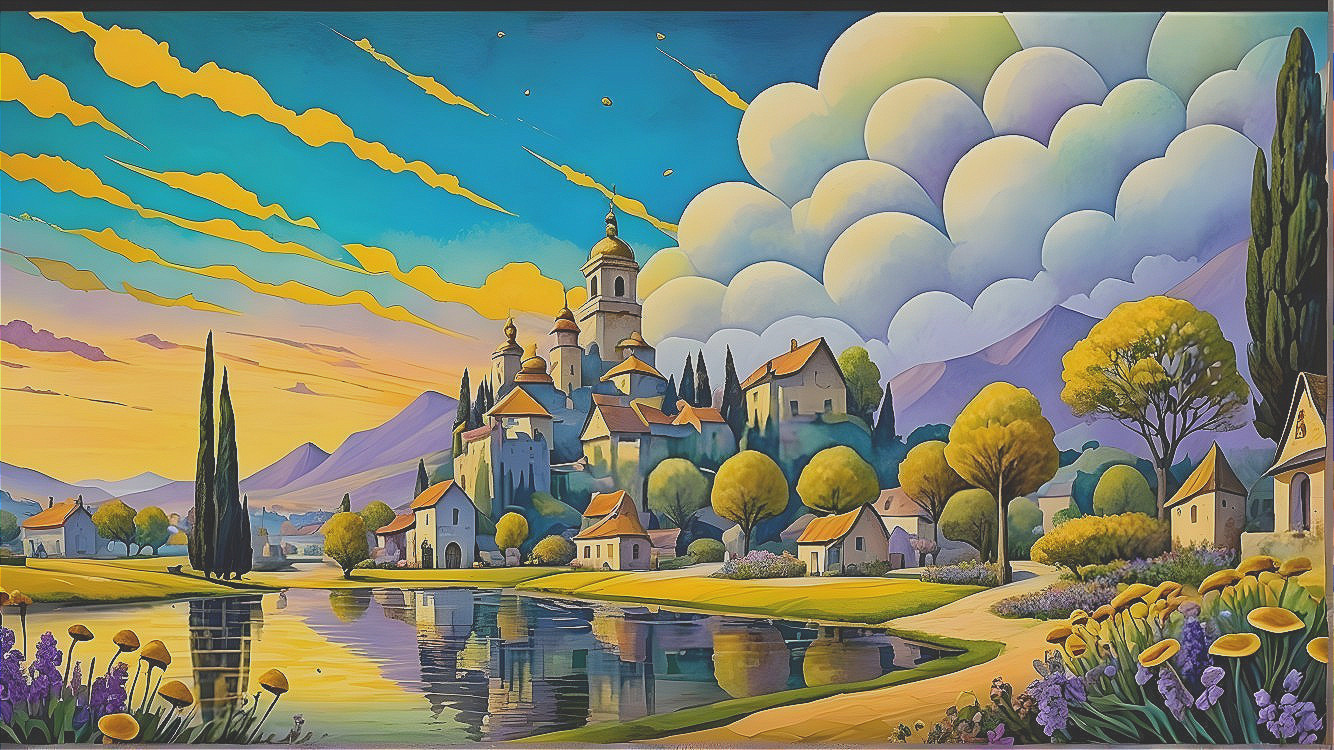 Surreal Village Landscape with Colorful Sky and Lake