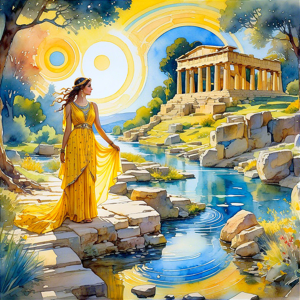 Woman in Yellow Gown by Tranquil River and Ruins
