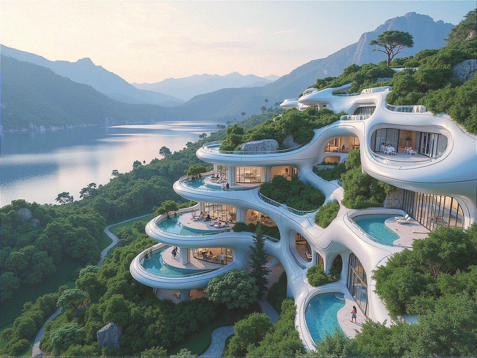 Futuristic White Resort on Hillside Overlooking Lake