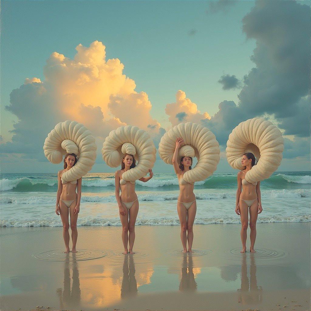 Women in Nautilus Shells on a Serene Beach at Sunset