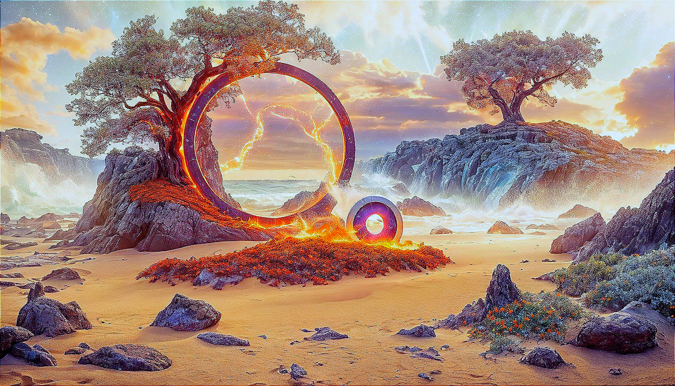 Surreal Landscape with Circular Structures and Twilight Sky