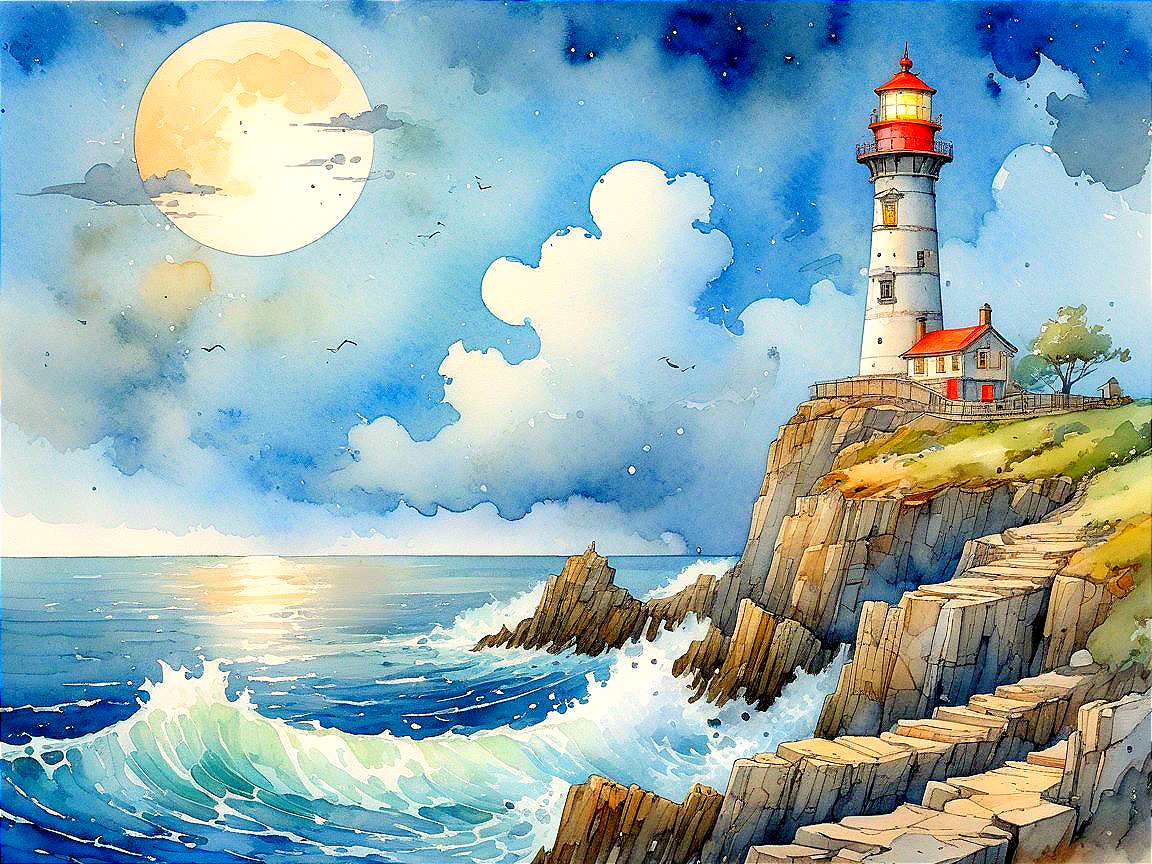 Watercolor Lighthouse Scene on Rocky Cliffs