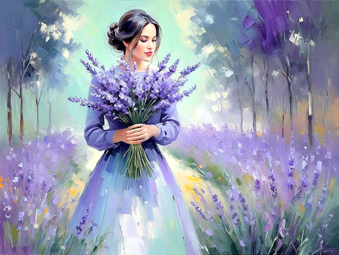 Young Woman in Lavender Field with Bouquet