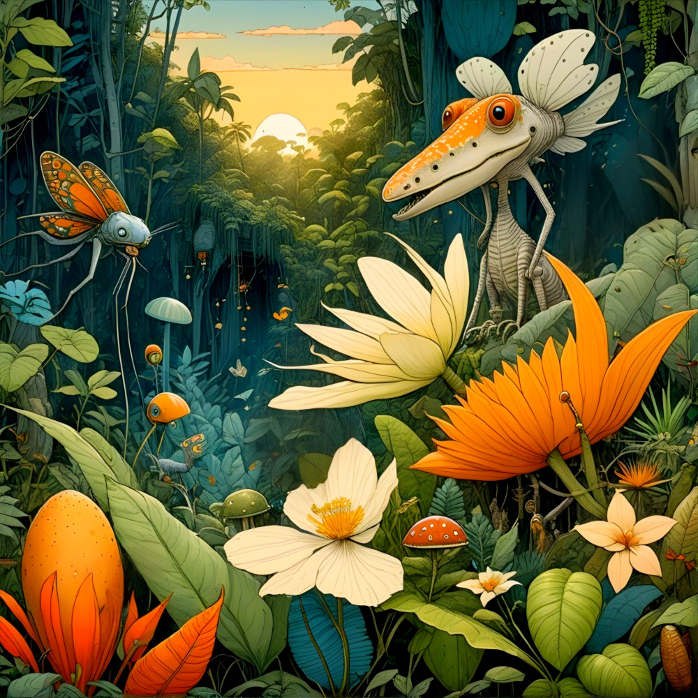 Whimsical Jungle Scene with Vibrant Flora and Fauna