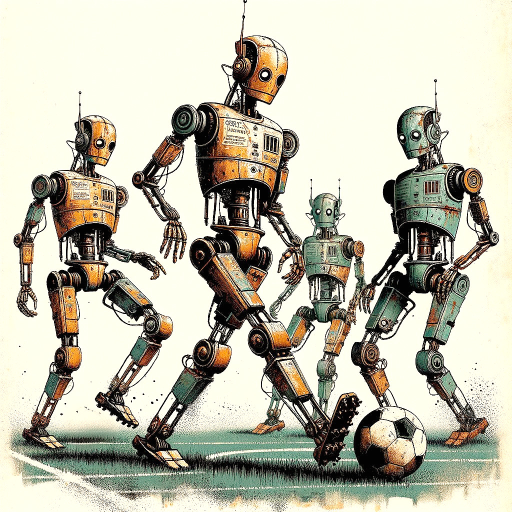 Vintage Robots Playing Soccer on Grassy Field