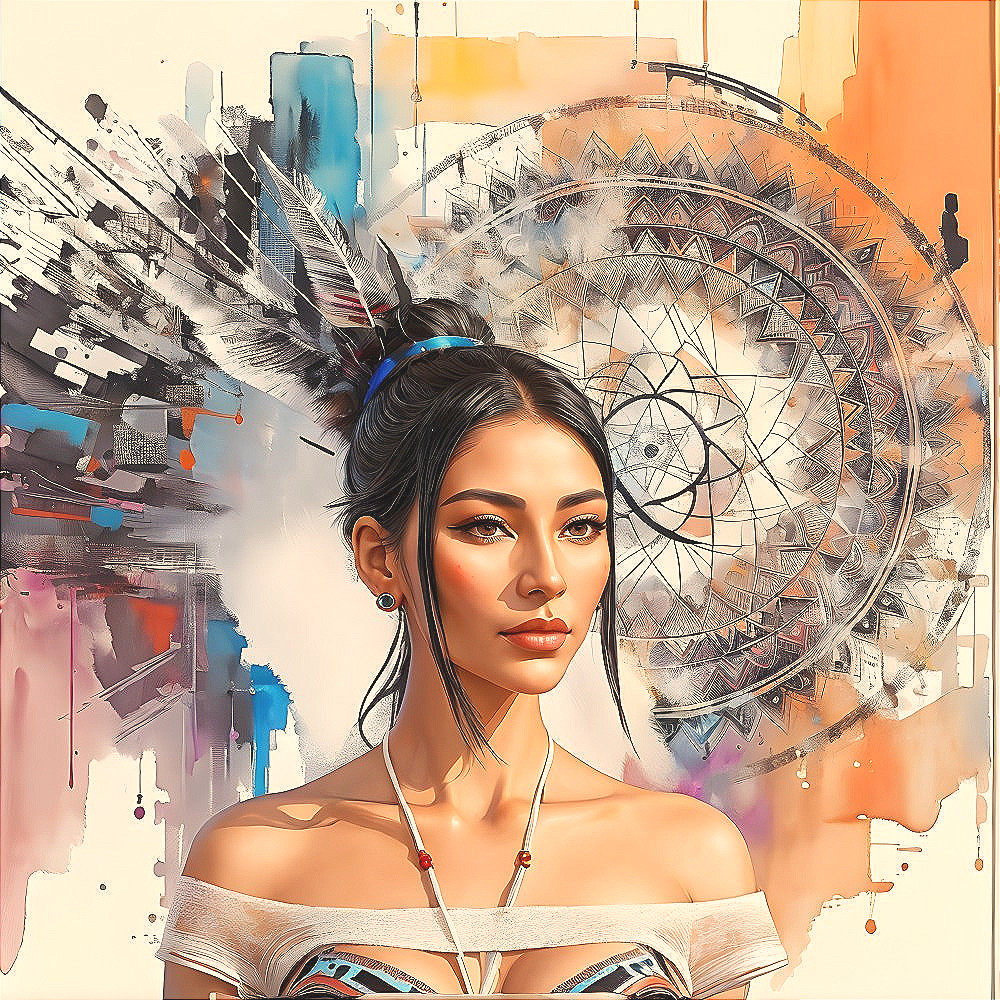 Digital artwork: Woman with feathers, geometric design, abstract color splashes