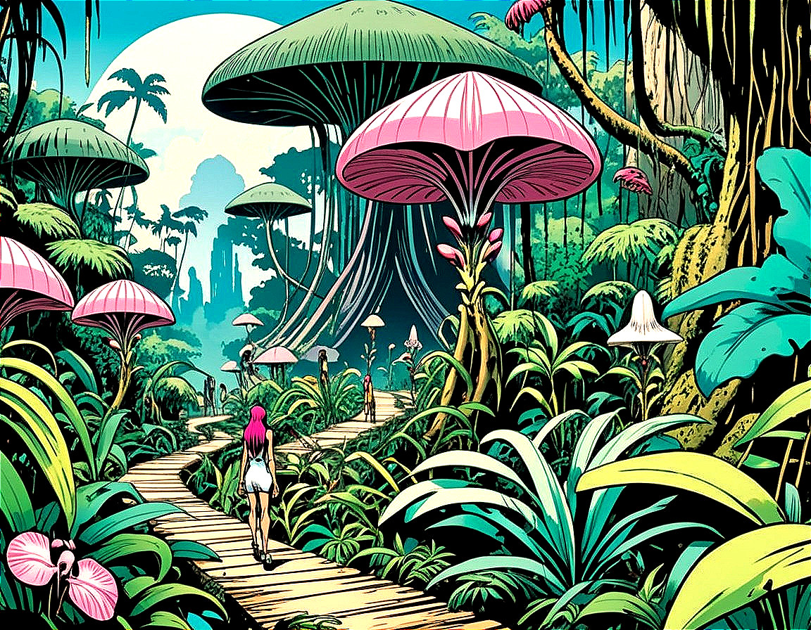 Surreal Jungle Scene with Colorful Mushrooms and Moon