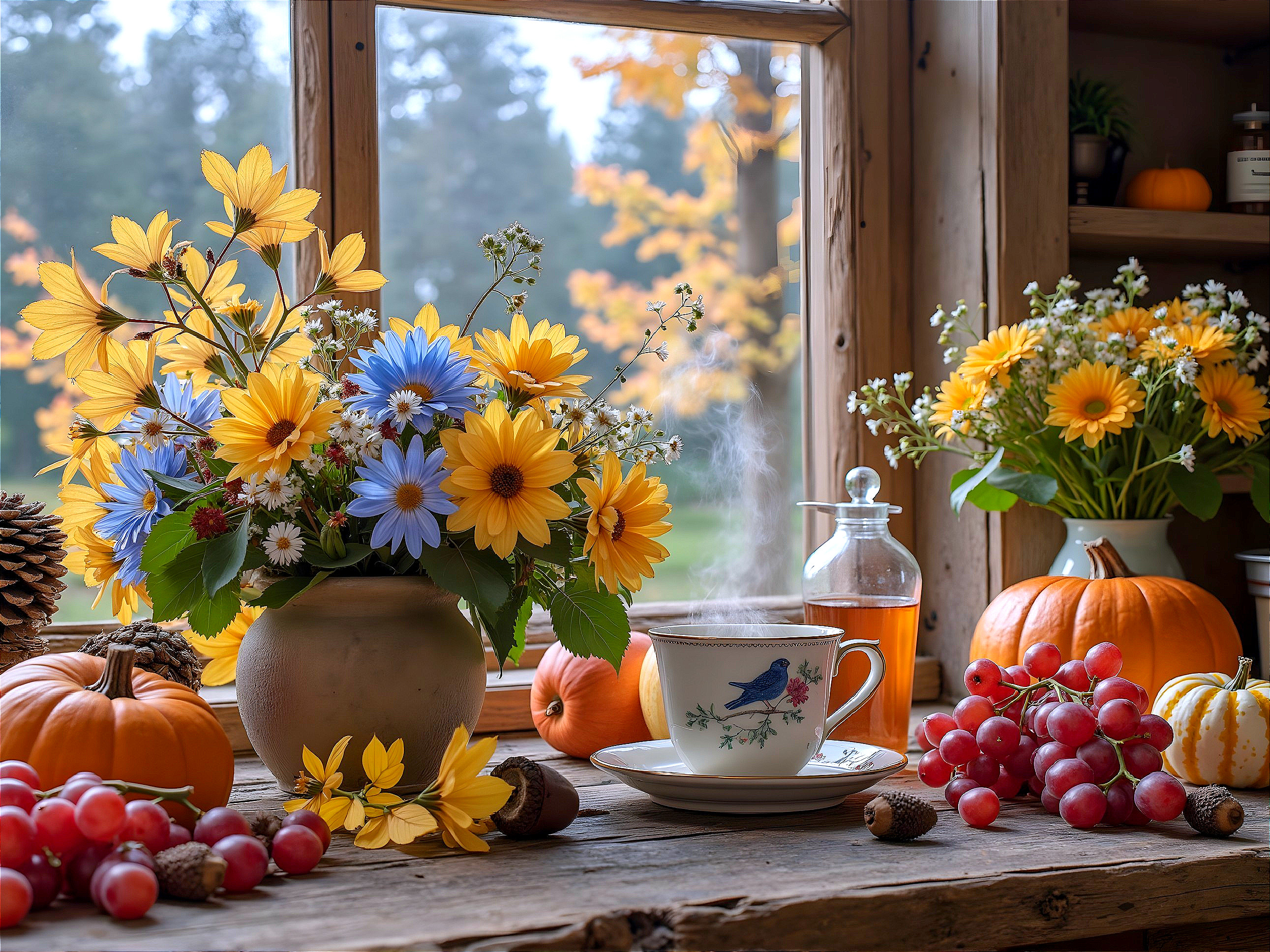 Cozy Autumn Scene with Tea and Seasonal Decor