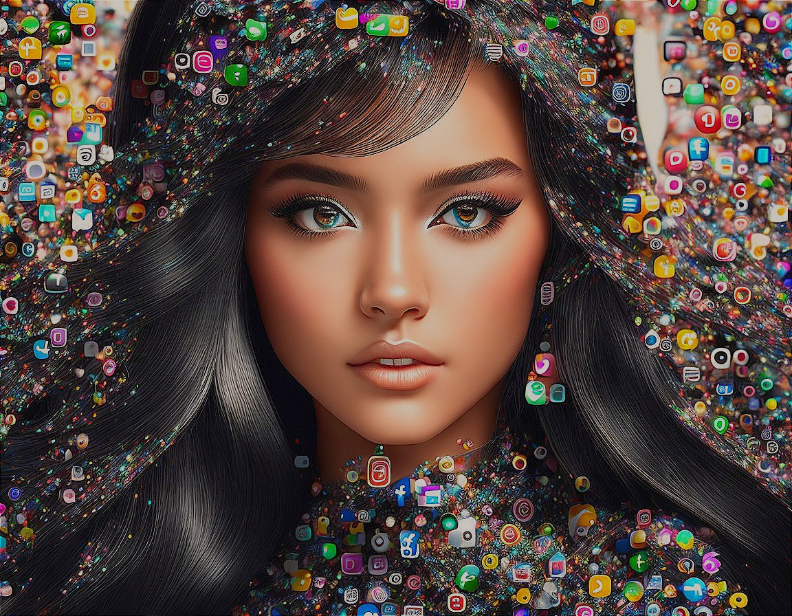 Digital artwork: Woman with dark hair in colorful social media mosaic