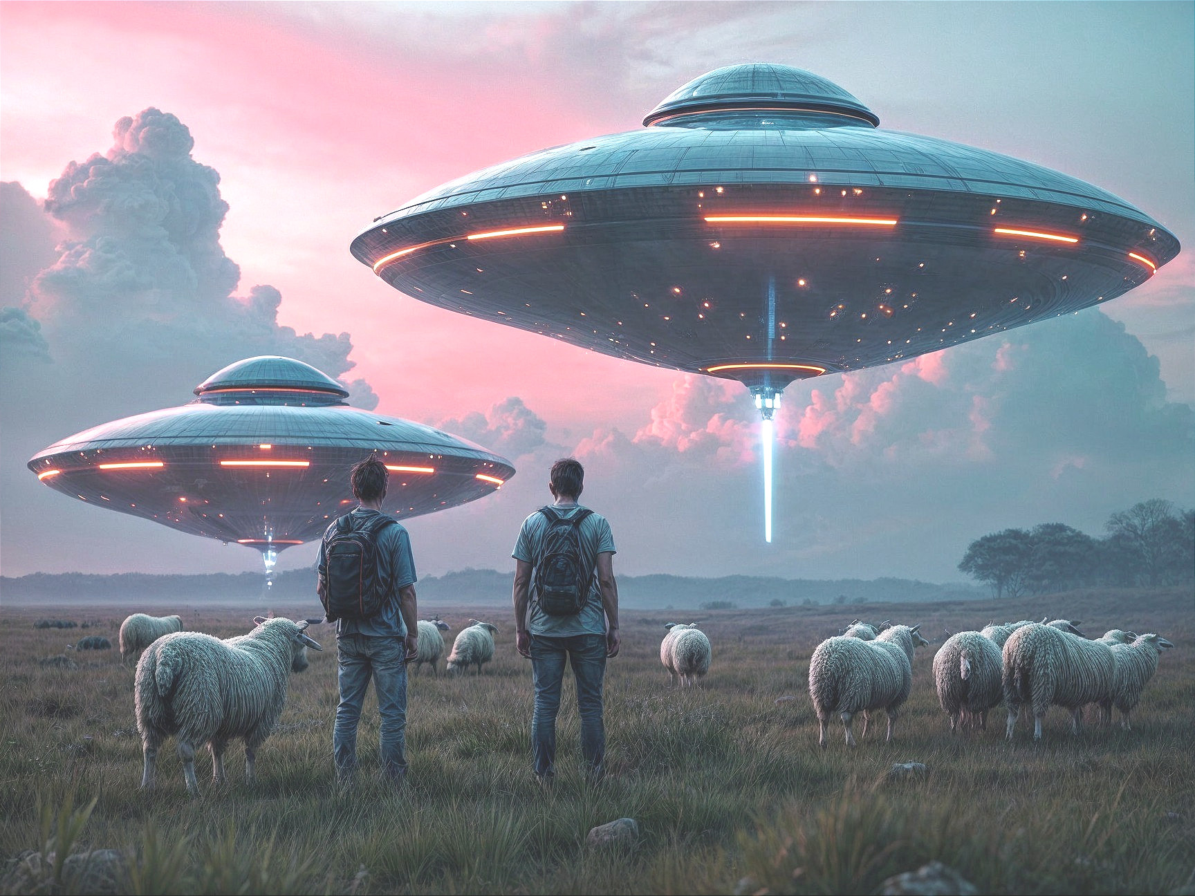 UFOs Hover Over Serene Countryside with Grazing Sheep