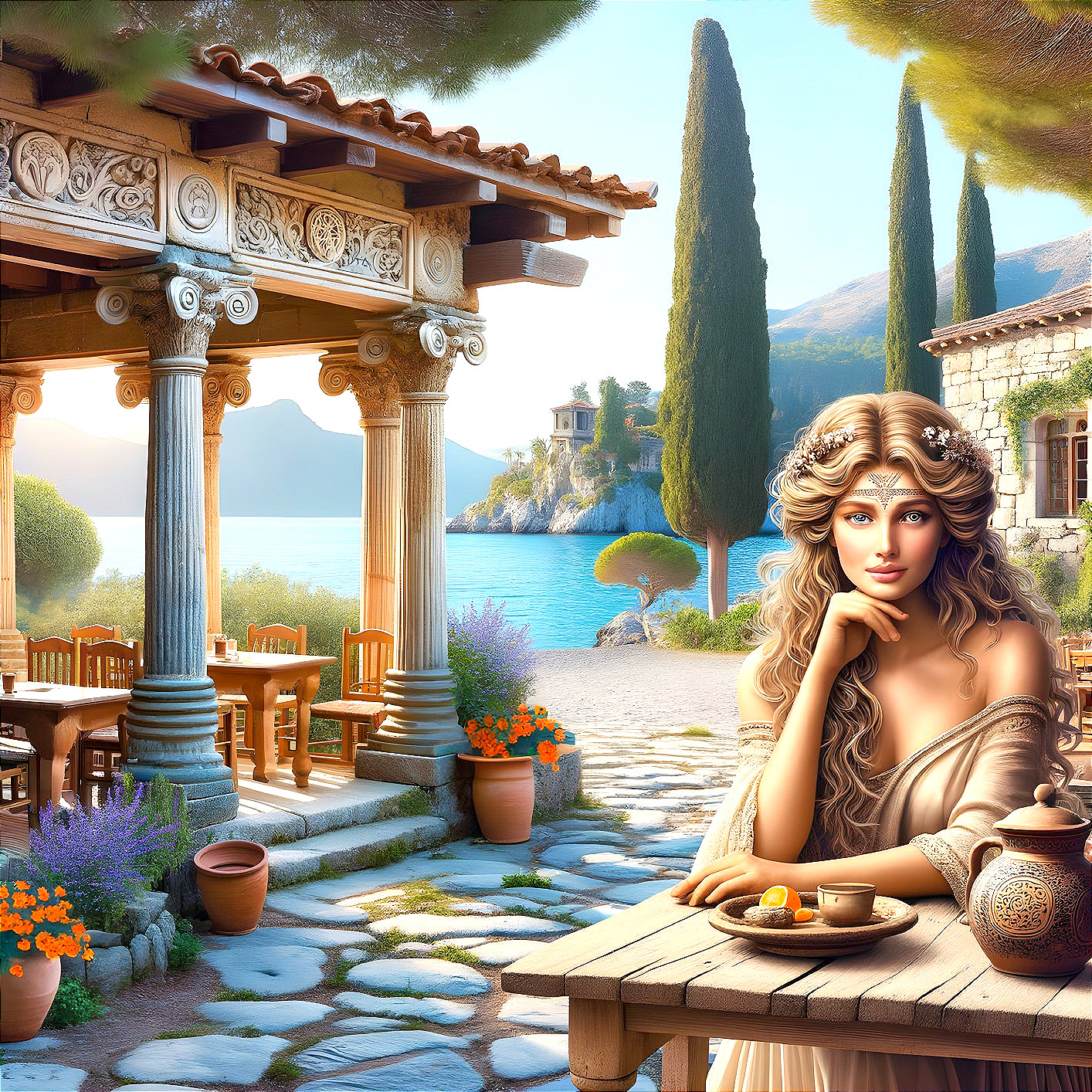 Serene Scene of Woman at Rustic Table with Blossoms