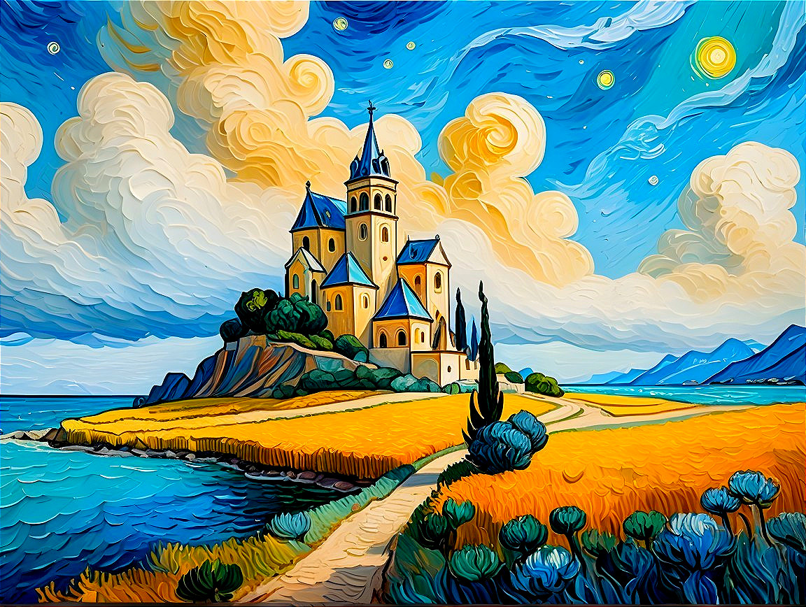 Whimsical Castle Landscape with Vibrant Sunset Sky