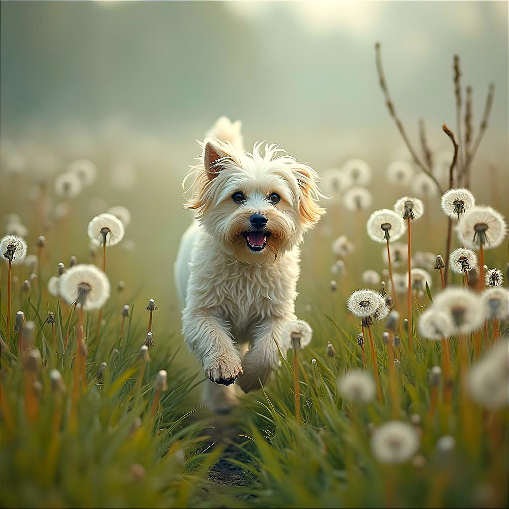White dog running in a dandelion-filled field