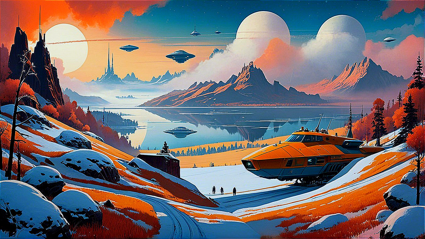 Futuristic Landscape with Spaceship and Dramatic Sky