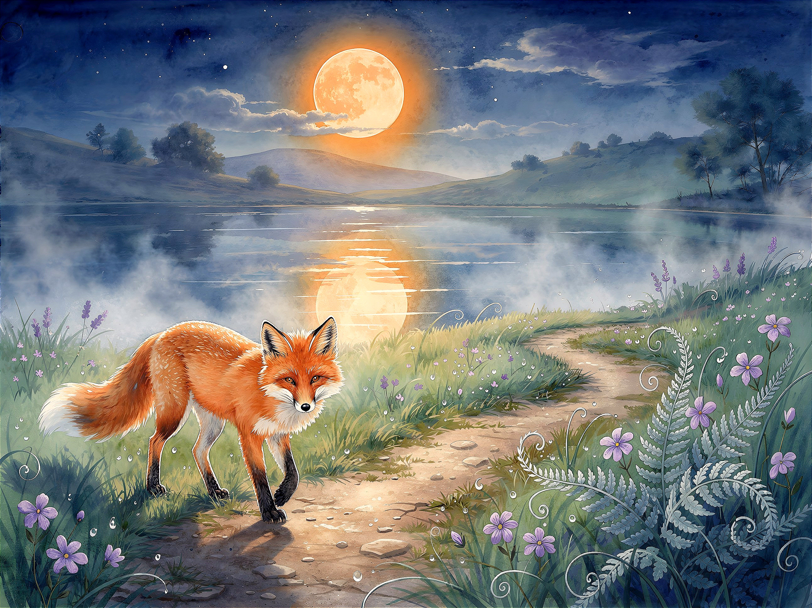 Watercolor of a red fox by a misty lake at night