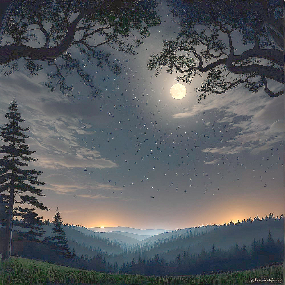 Tranquil Night Scene with Full Moon and Pine Trees