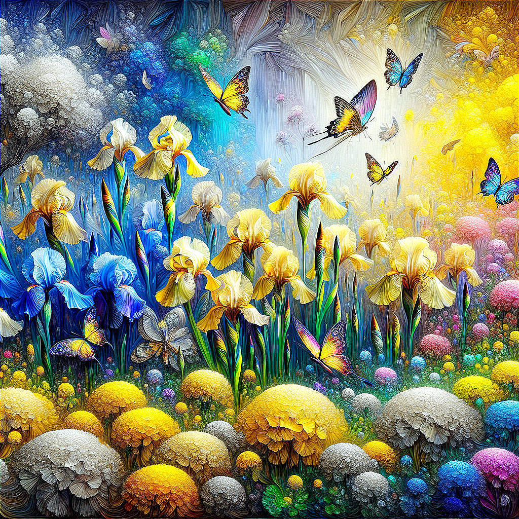 Vibrant Dreamlike Garden with Blooming Irises