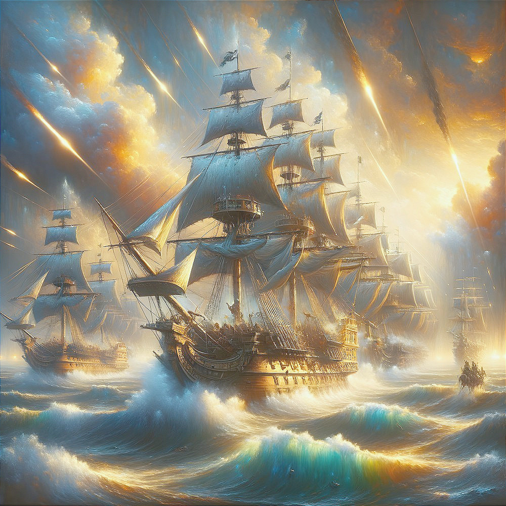 Grand Sailing Ships in Turbulent Seas and Dramatic Sky