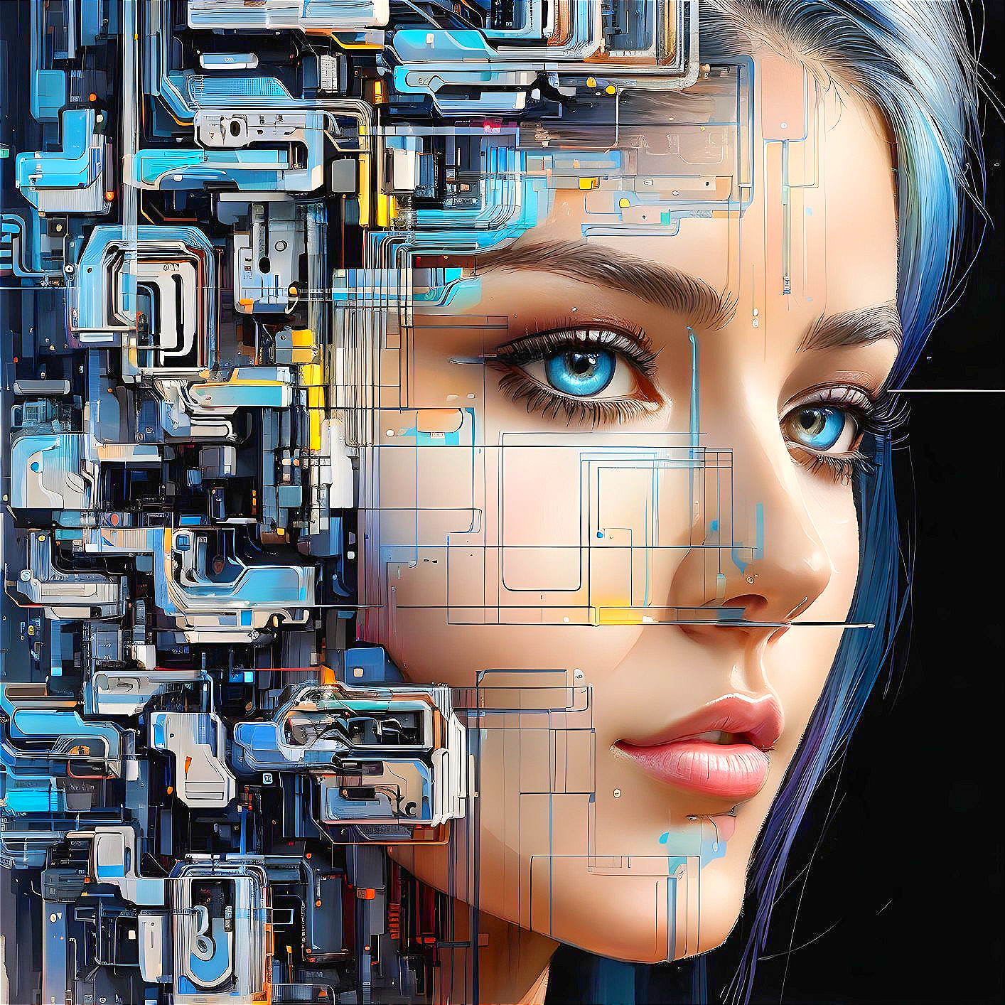 Digital portrait of a woman with half cybernetic face showcasing intricate mechanical components.