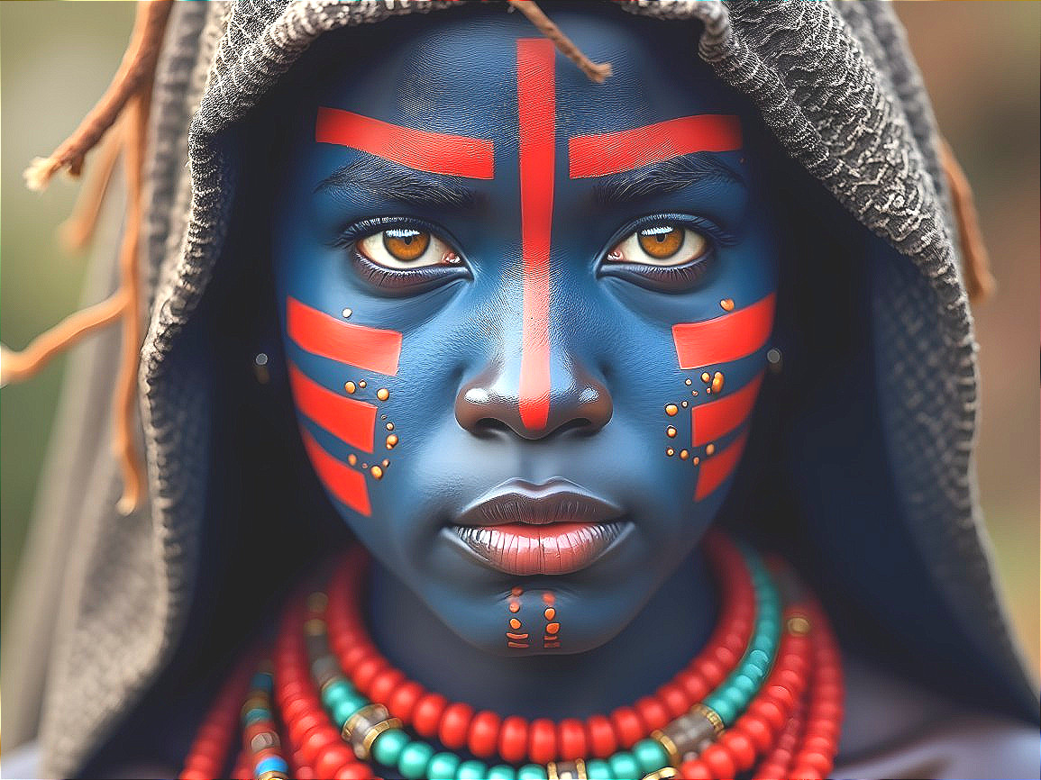 Portrait of a person with blue face paint and beads