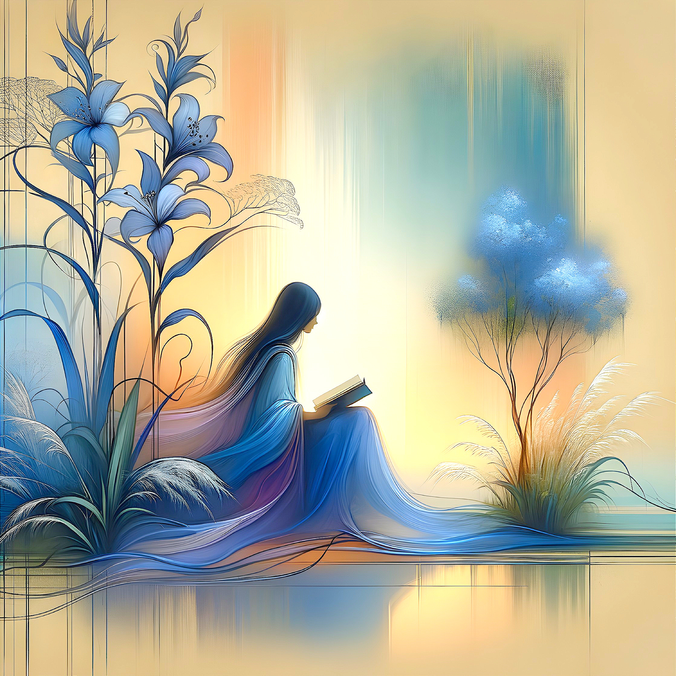 Serene Illustration of Woman Among Blue Lilies