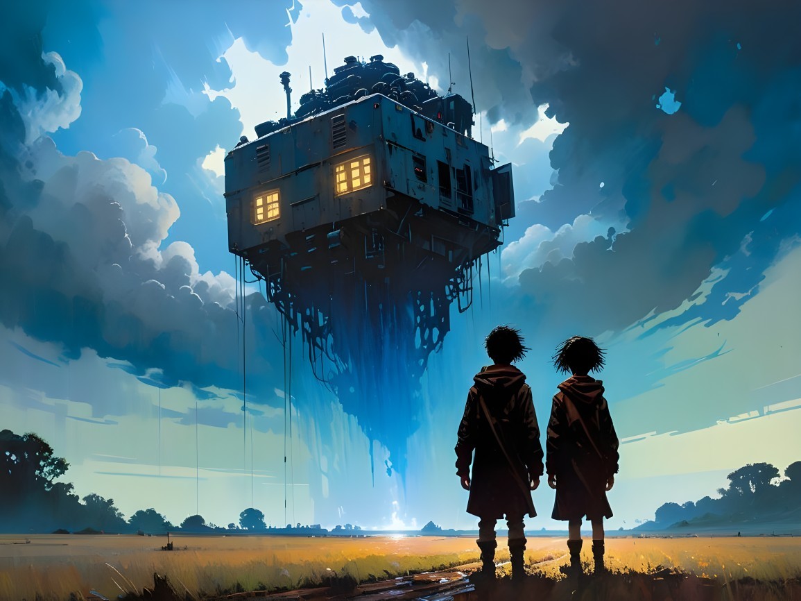 Silhouetted Figures in Open Landscape with Futuristic Structure