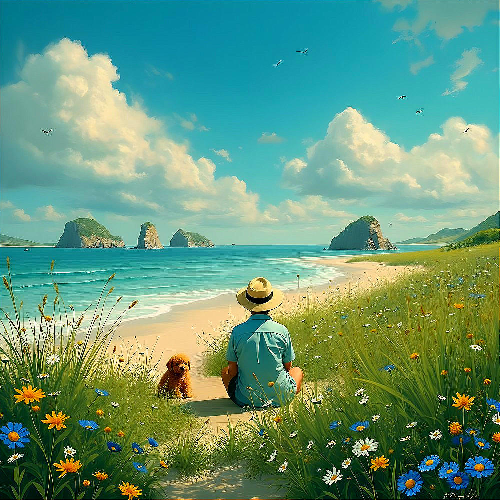 Serene Beach Scene with Dog and Vibrant Wildflowers