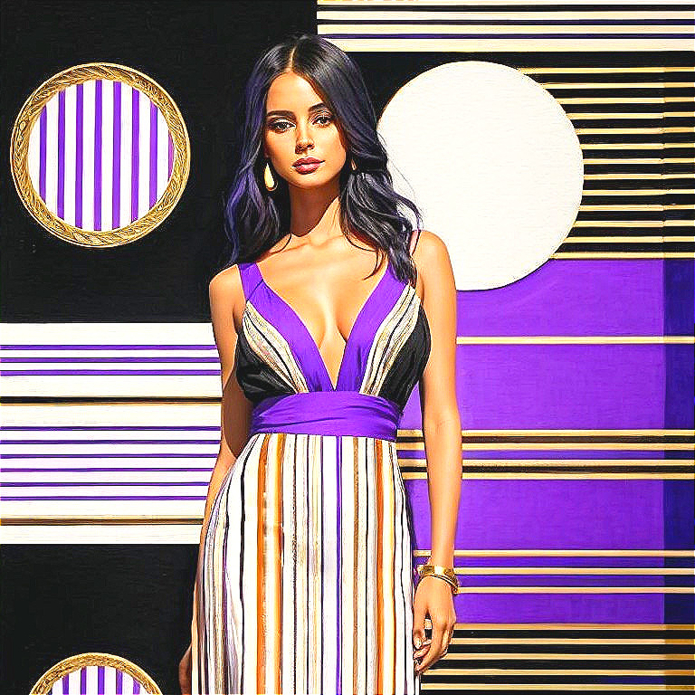 Confident Woman in Vibrant Striped Dress and Geometric Backdrop