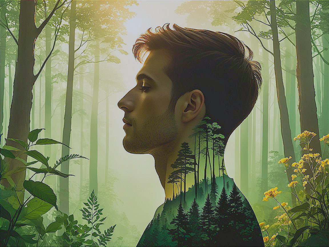 Double Exposure of Male Silhouette with Forest Scene