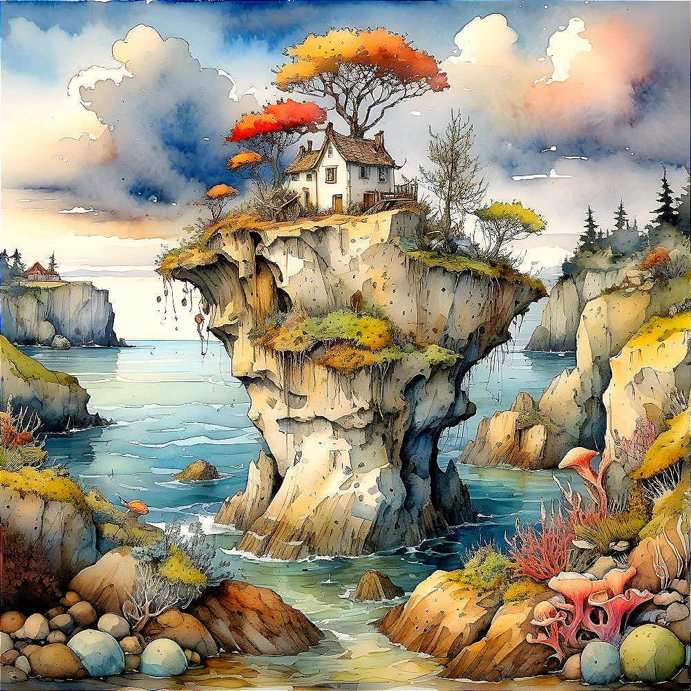 Whimsical House on Cliff Amidst Autumn Landscape