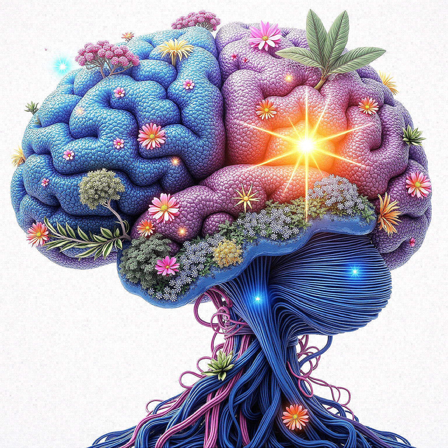 Surreal Brain Illustration with Nature Elements