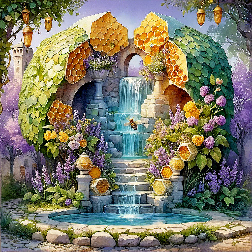 Enchanted garden with beehive structure and flowers