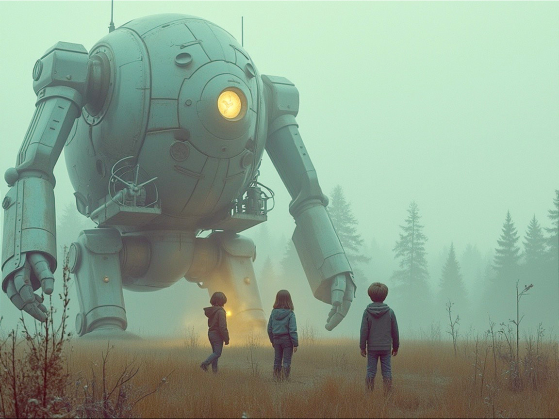 Children Encounter Futuristic Robot in Foggy Landscape