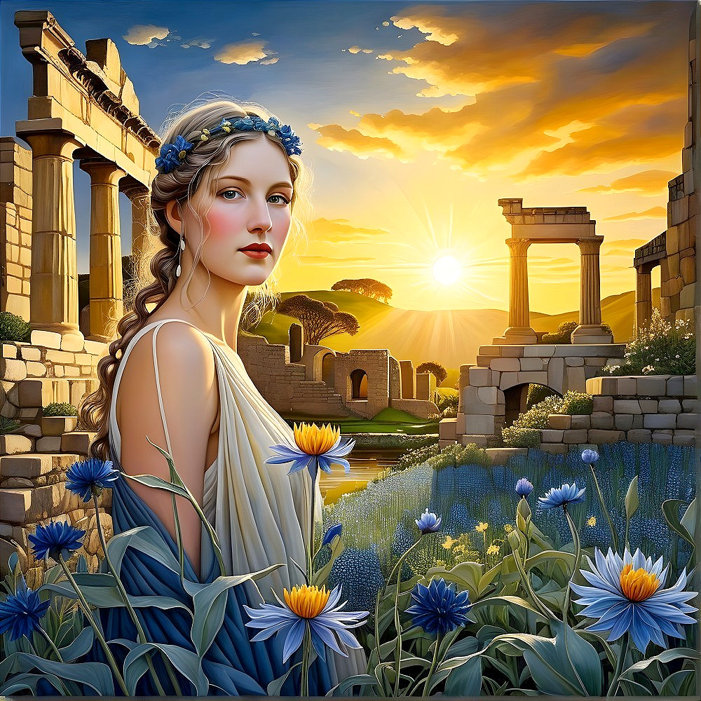 Young Woman in Floral Crown Amidst Lush Landscape