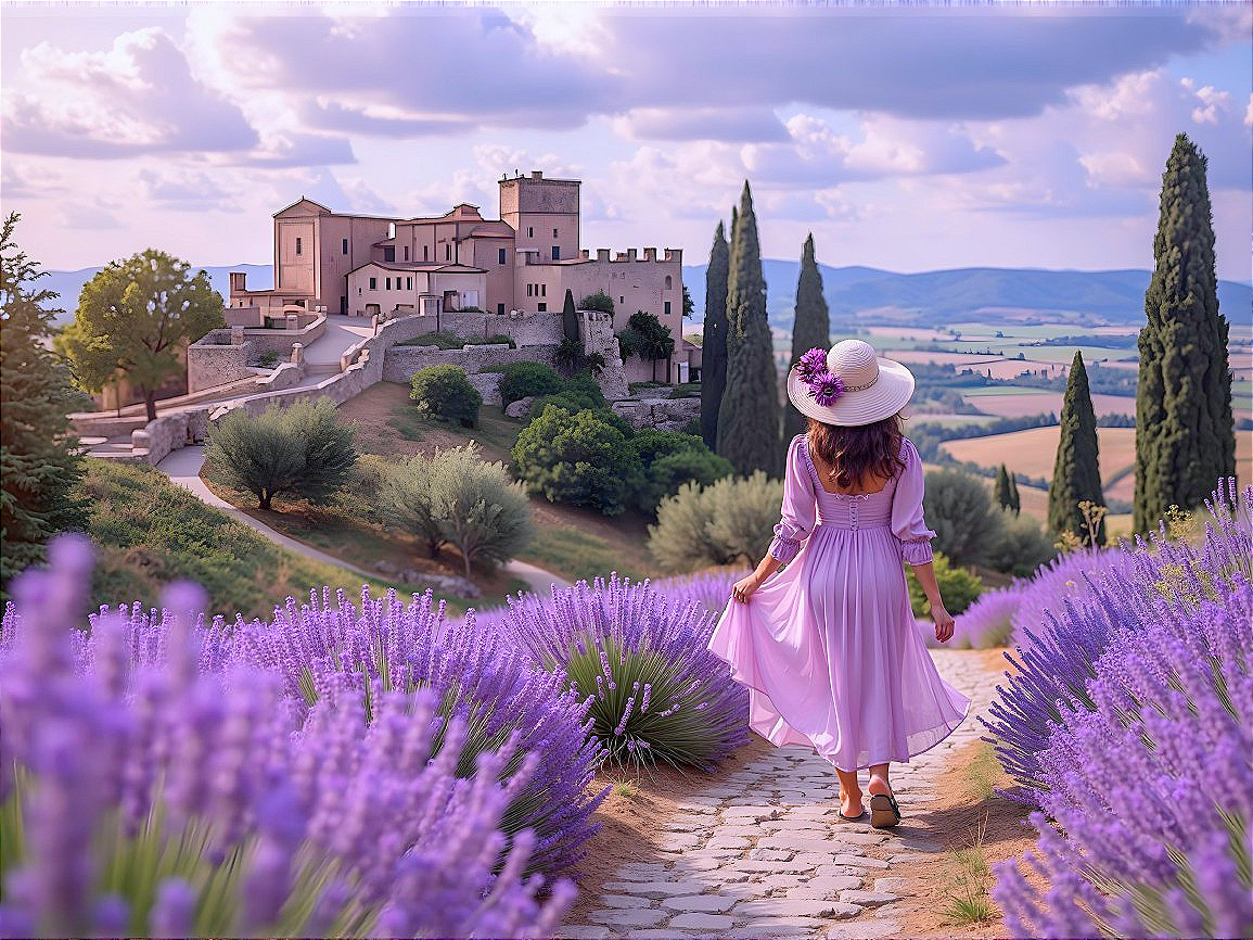 Young woman in lavender dress on cobblestone path