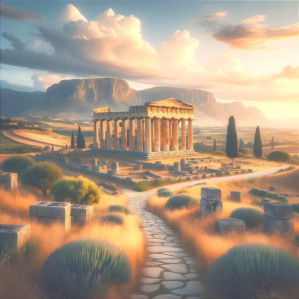 Ancient Greek Ruins in a Serene Landscape Scene
