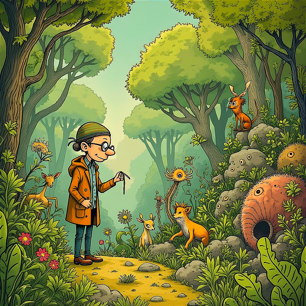 Child in vibrant forest with nature and playful animals