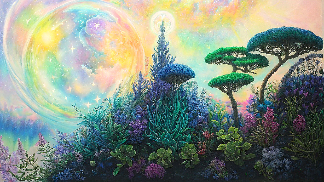 Vibrant Dreamlike Landscape with Lush Vegetation