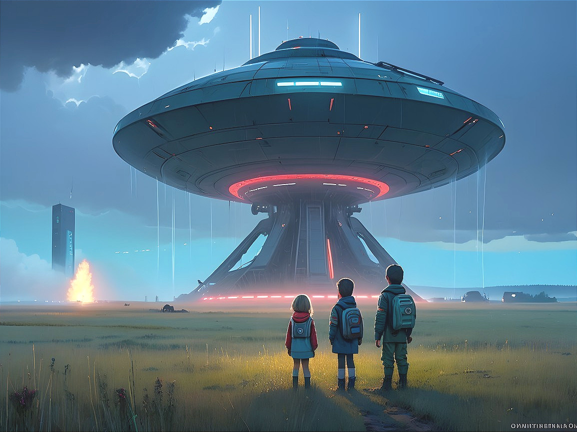 Futuristic UFO Overlooks Figures on Grassy Plain