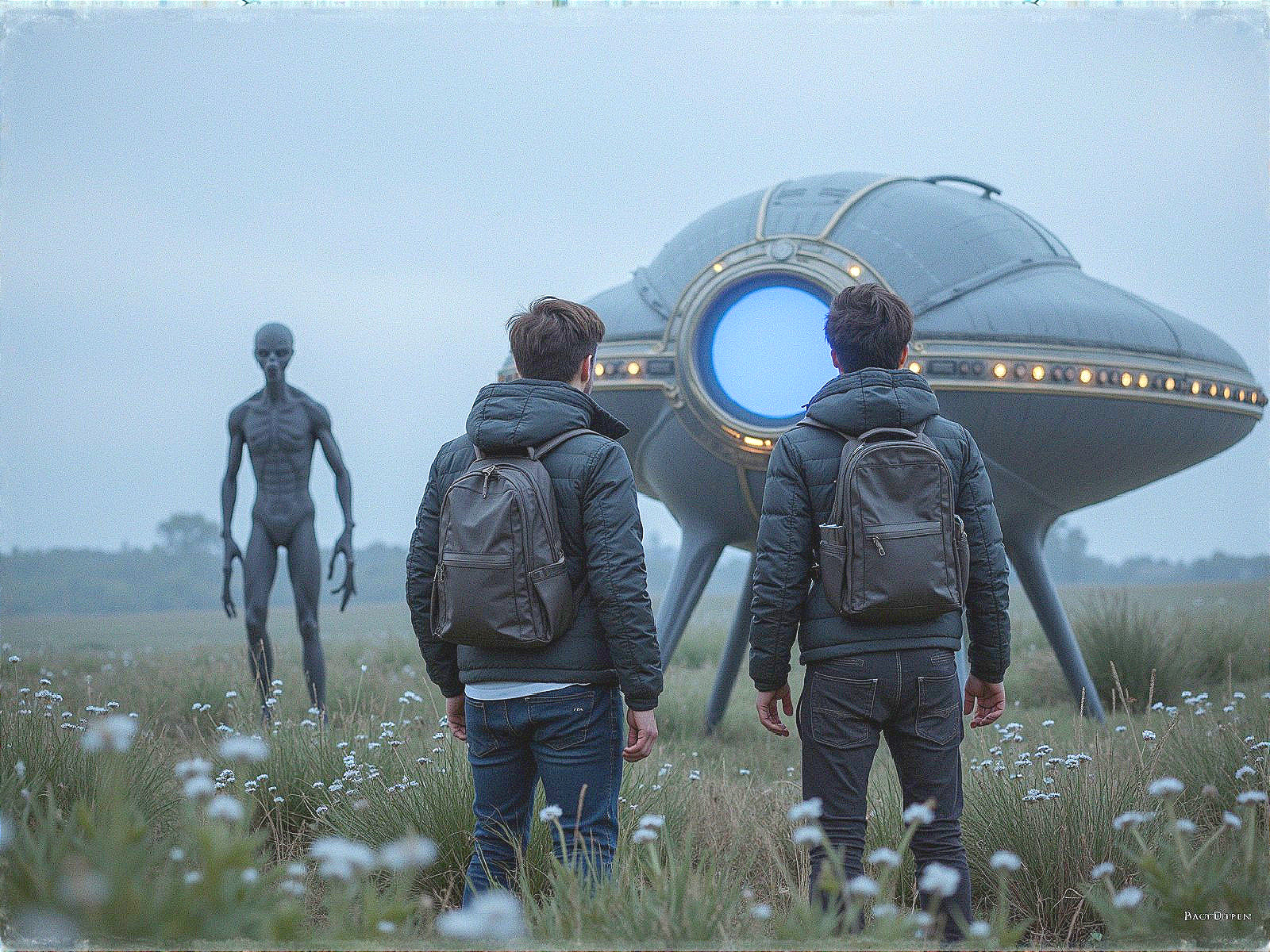 Futuristic spaceship and alien encounter in a field