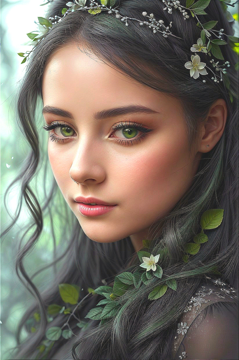 Serene Young Woman with Green Eyes and Natural Elements