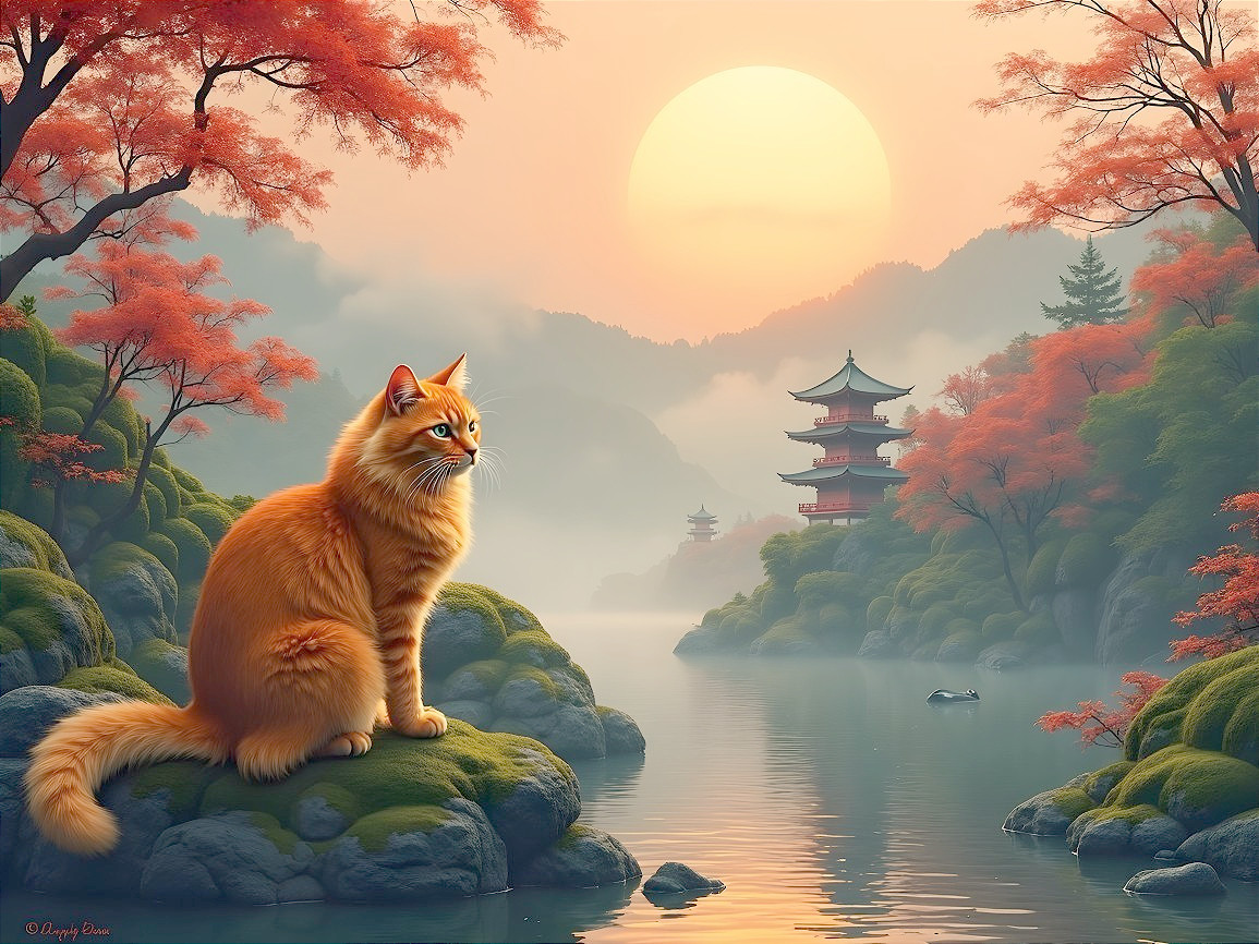 Serene Landscape with Cat by Tranquil River at Sunset