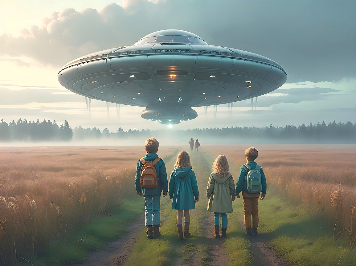 Children in a landscape observing a futuristic spaceship